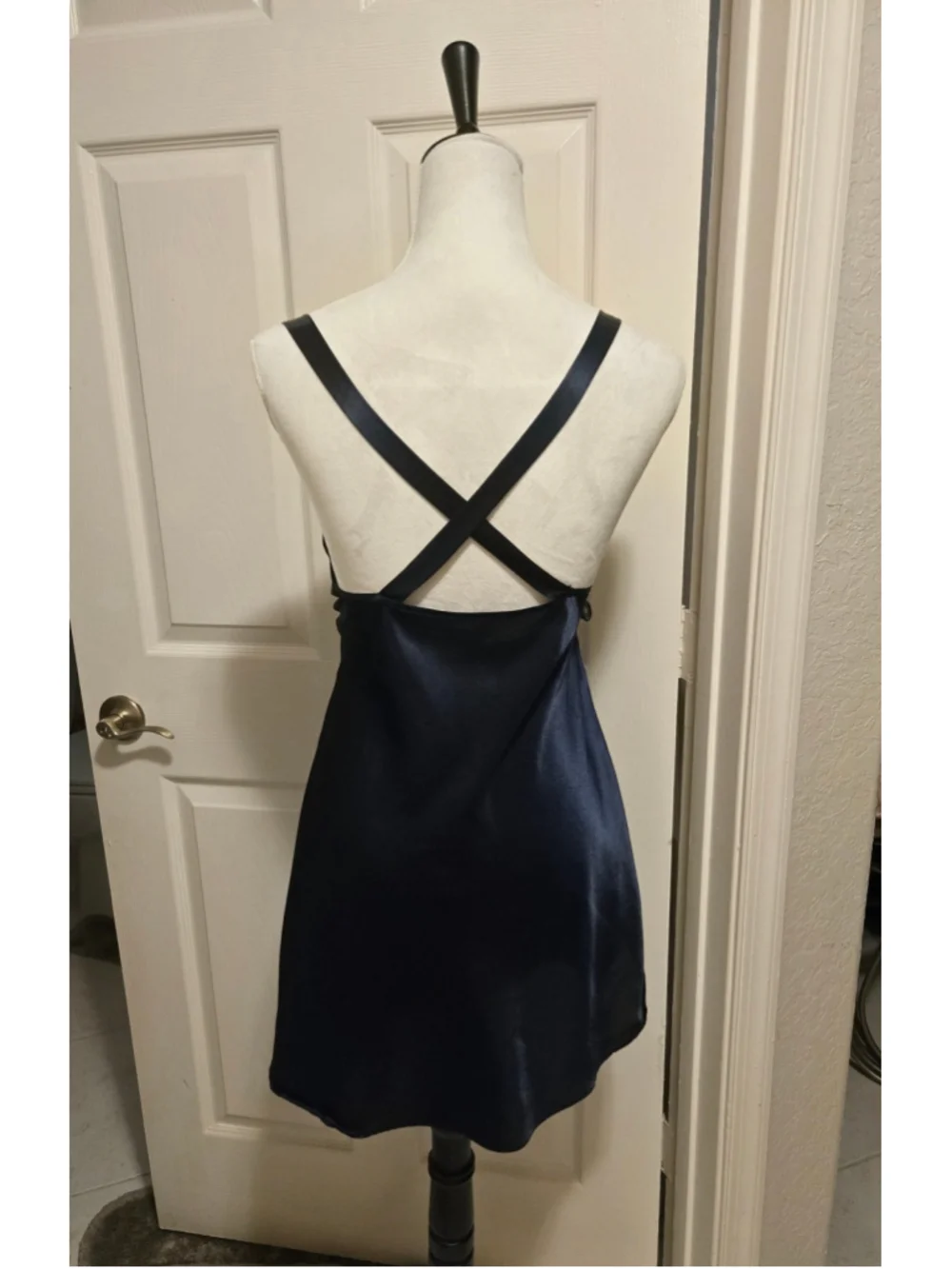 Vintage California Dynasty Navy Satin Button Front Mini Slip Dress Lingerie 90s